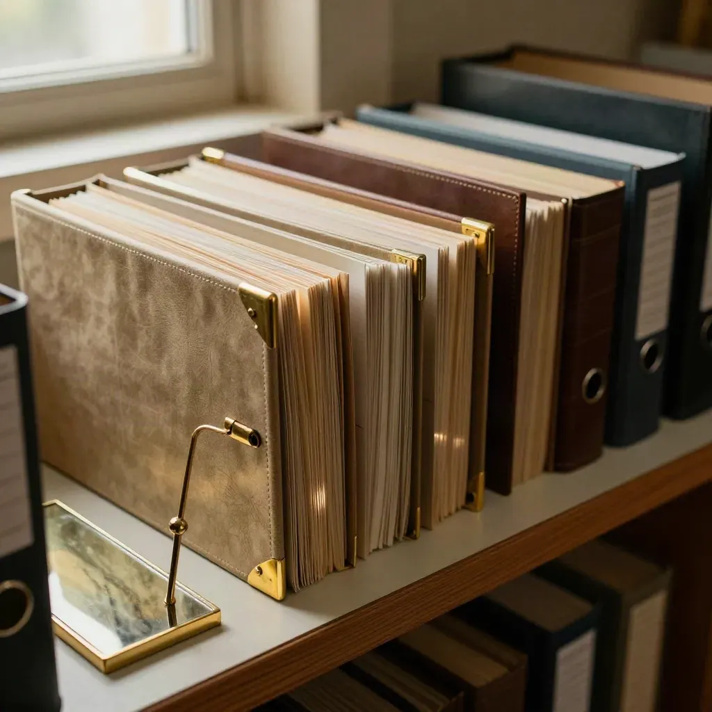 Closed client binders, brass index stand, and mirrored tray on an archive shelf in warm window light.