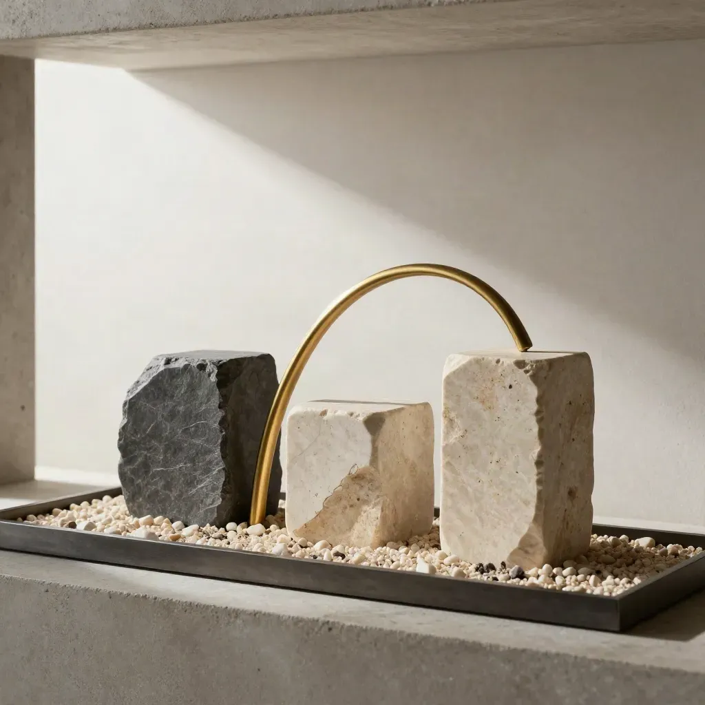 Stone blocks and brass arc model of asset allocation in a quiet office niche.