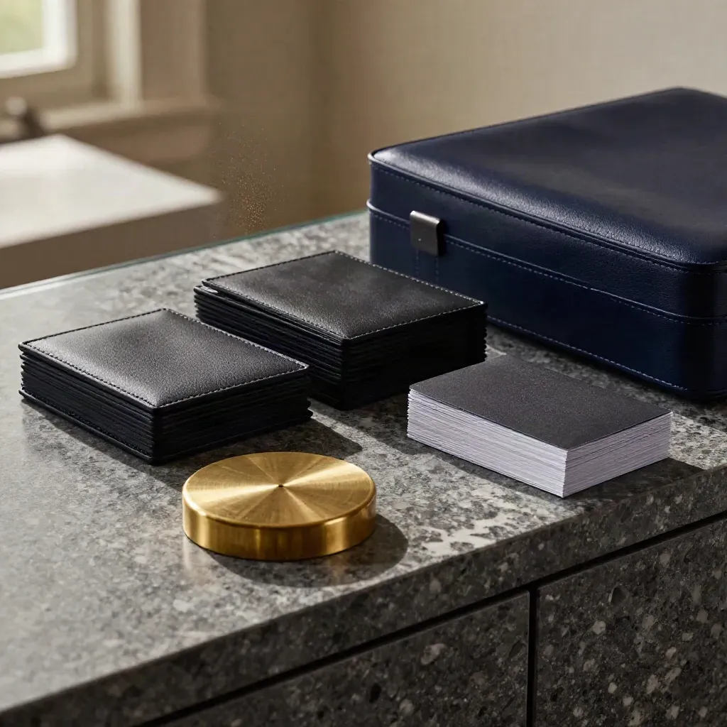 Navy deal-pack case, black clamshells and brass weight on stone credenza in warm afternoon light.