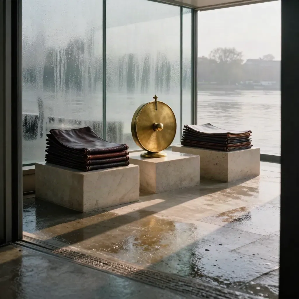 Wet riverside advisory suite with brass, leather folios and misty Thames light