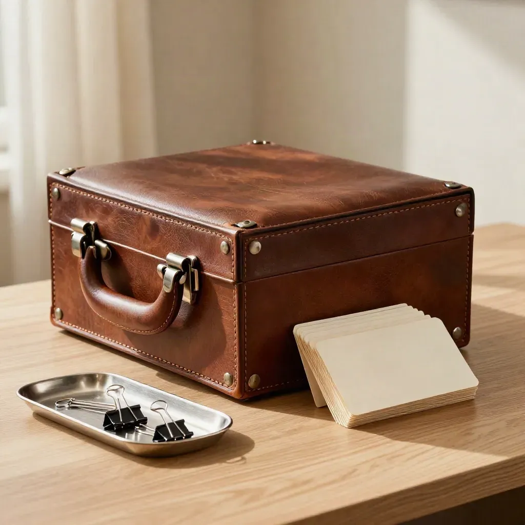 Chestnut folio case beside face-down investor cards and binder clips on pale oak in soft window light