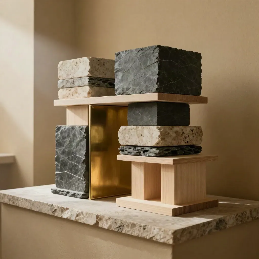 Slate and brass finance blocks on a stone plinth in soft daylight