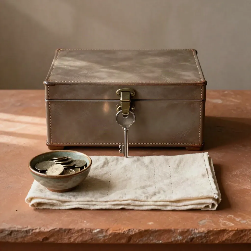 Top-down still life of a cash-archive box, key, heirloom tokens and linen cloth on terracotta stone.
