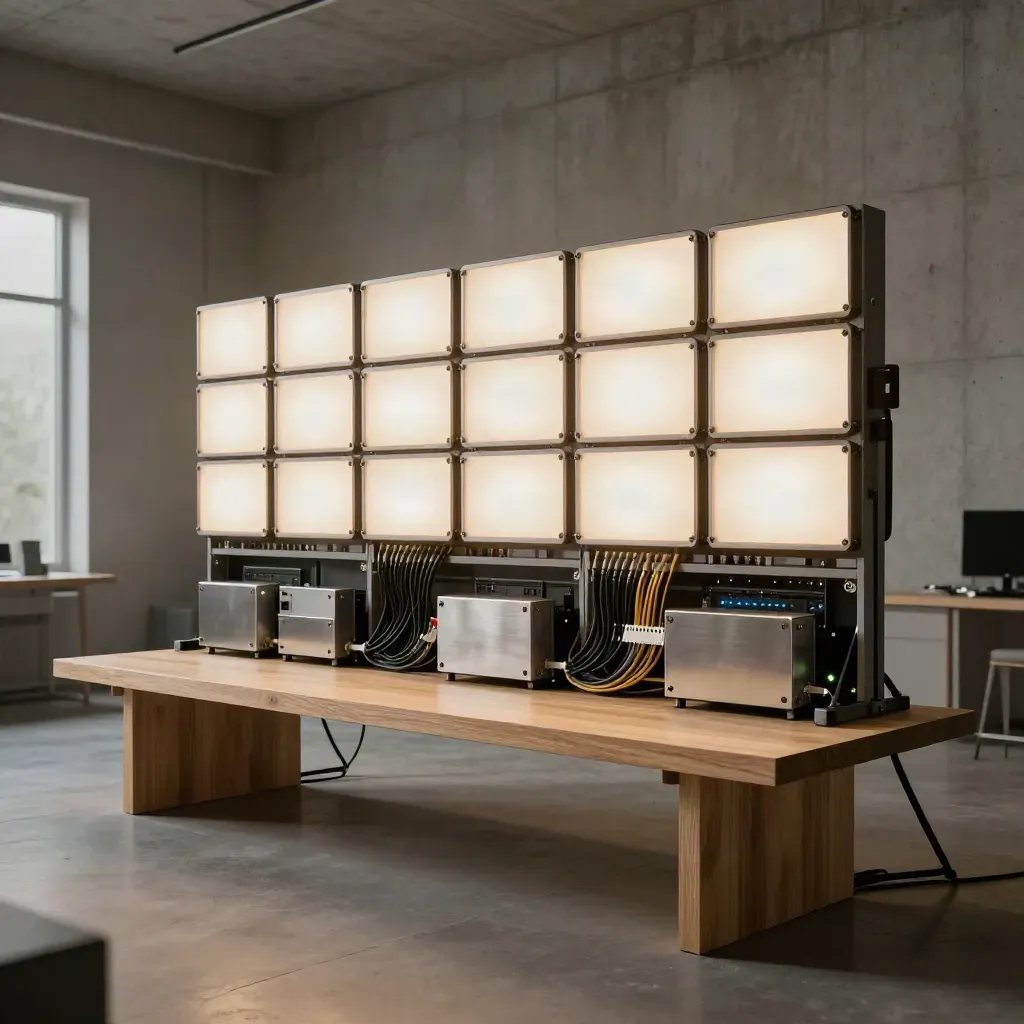 Glowing SaaS studio hardware and light grid in a launch-ready empty workspace.