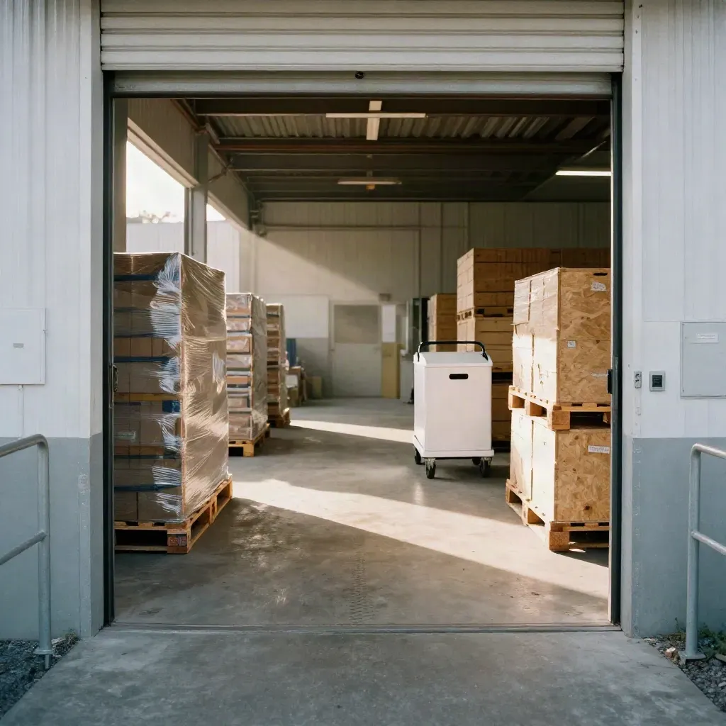 Empty SME loading bay with reduced stock and a white delivery trolley in warm morning light