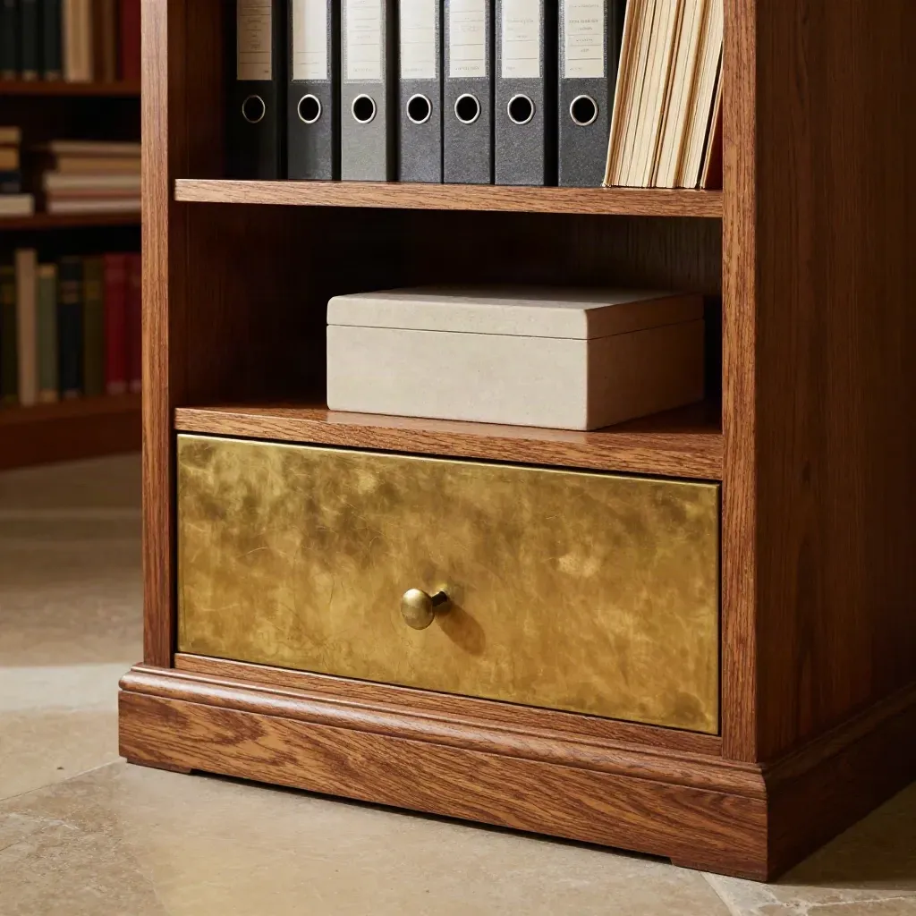 Oak wealth cabinet with brass trays, deed box and closed binders in soft daylight.