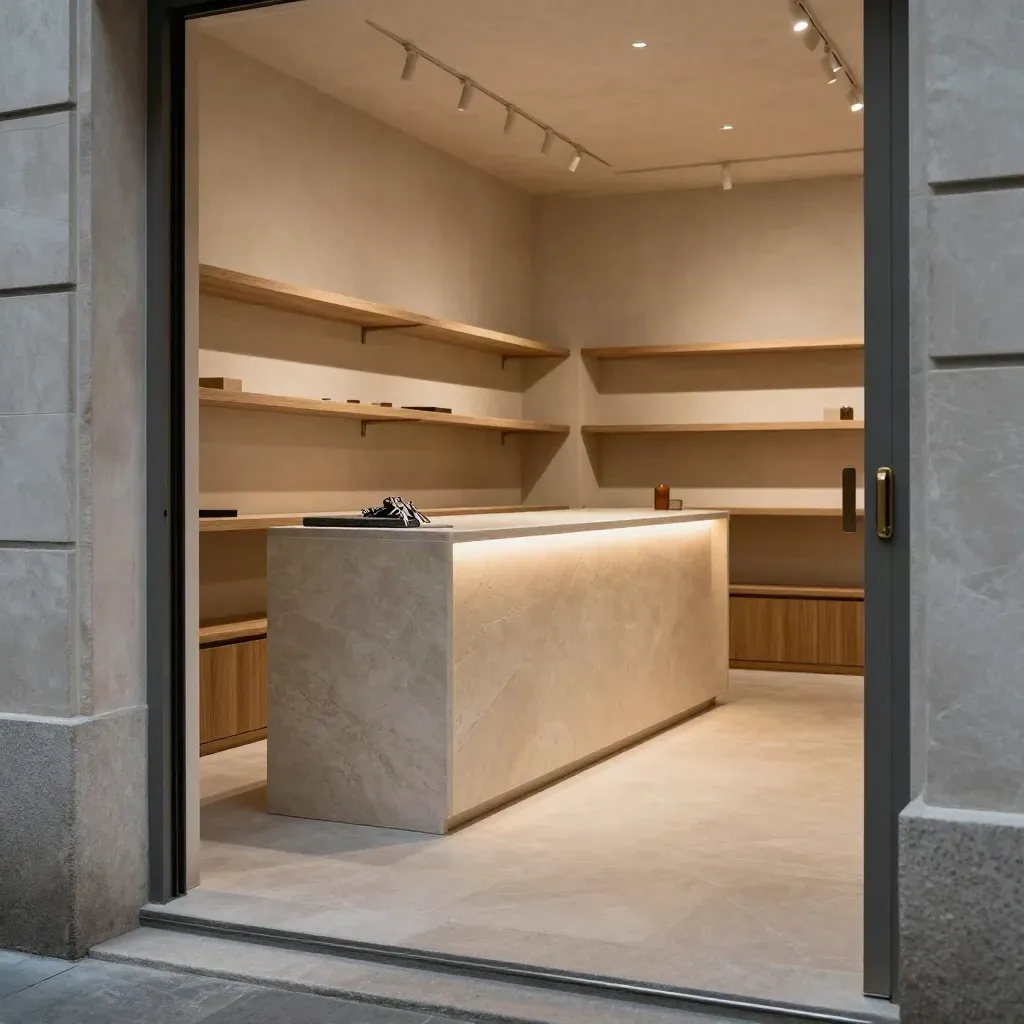 Empty boutique retail interior with stone counter, shelving, and keys, warmly lit at dusk.