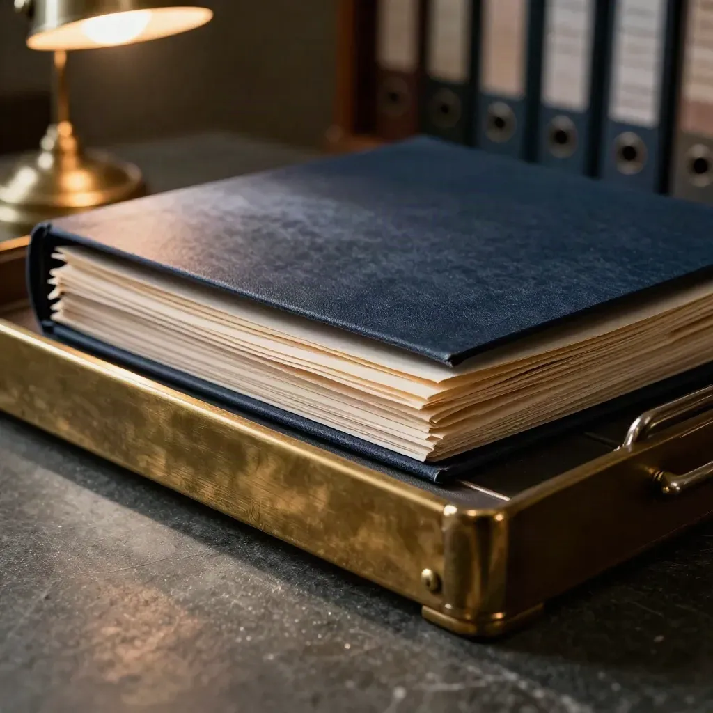 Macro of brass tray, report folders and paper fibers in a quiet archive room.