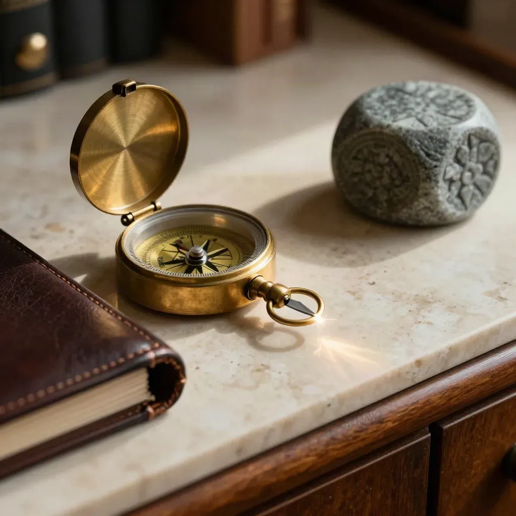 Brass compass, leather portfolio spine, and stone paperweight on a walnut credenza