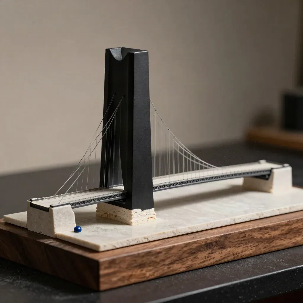Miniature tower and bridge models on a walnut bench in dramatic side light