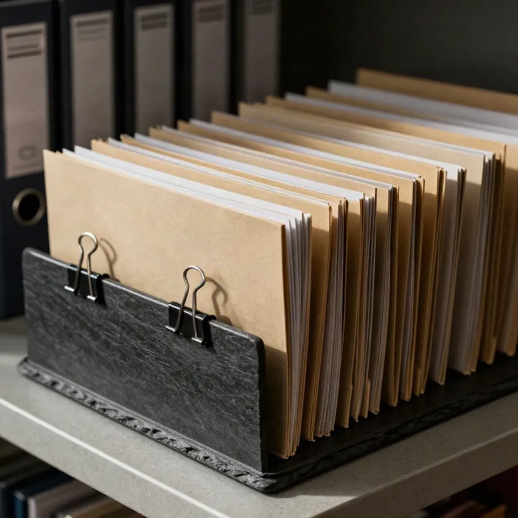 Macro of slate tray edges, black binder clips, and archive folders in a finance workroom.