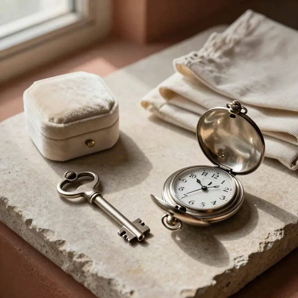 Silver key, watch case and ring box on folded linen over stone in soft morning light.