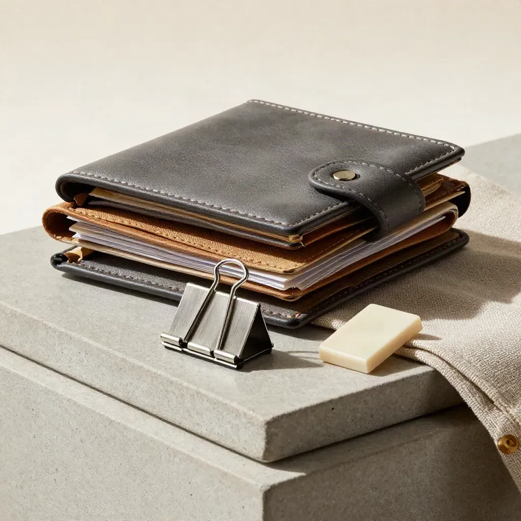 Stone tray with archive wallets, steel clip, and face-down tab in soft side light.