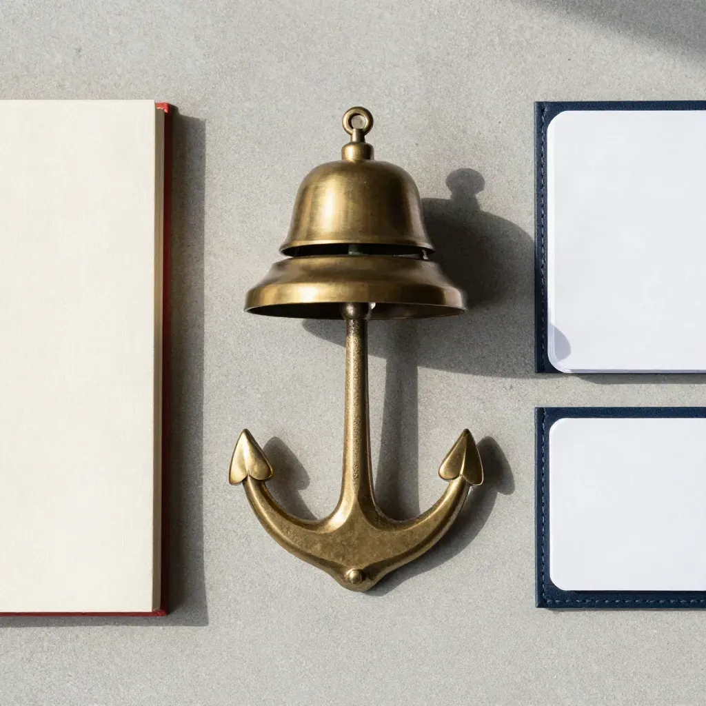 Overhead still life of brass bell, cream notebook, pen cap and blank card holder on stone.