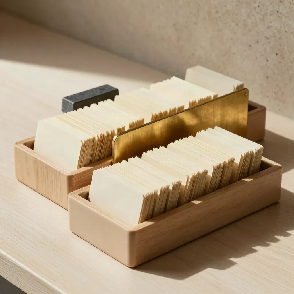 Three tray boxes, brass divider and face-down cards on pale wood in soft daylight.