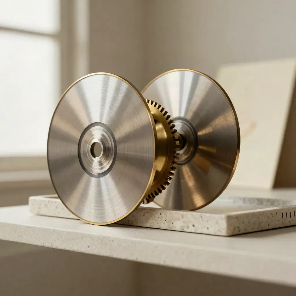 Brass timeline discs and gear on a pale shelf, shot side-on with soft motion blur.