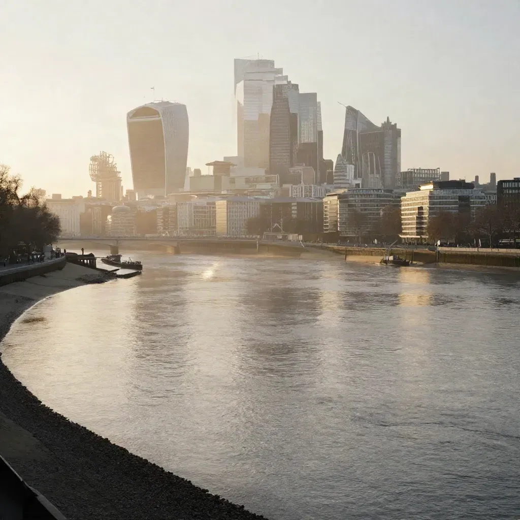 Thames bend with London skyline high in misty dawn light over calm water