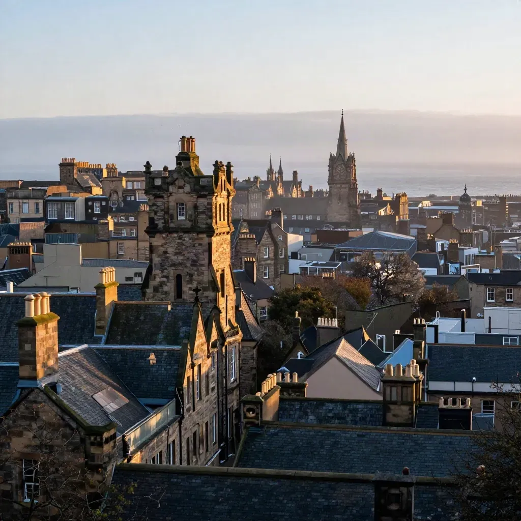 Edinburgh stone ridge and North Sea horizon at blue hour above soft sea mist