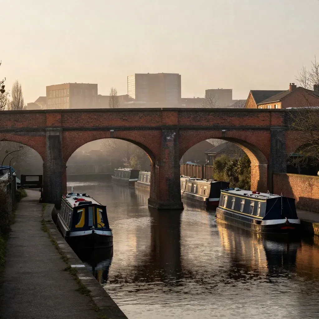 Birmingham canal under a red-brick viaduct, skyline small and high in warm dawn mist.