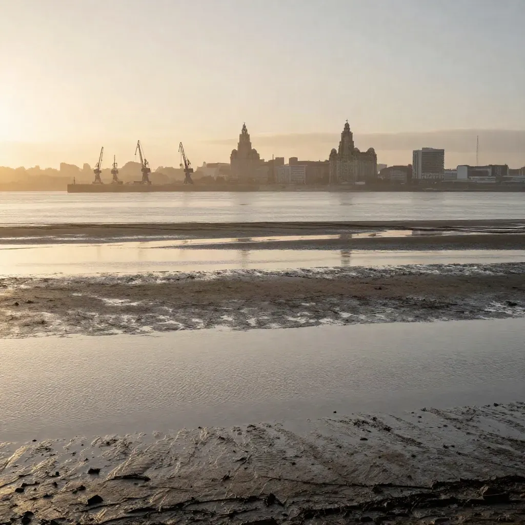Mersey estuary at sunrise with Liverpool waterfront faint in warm haze